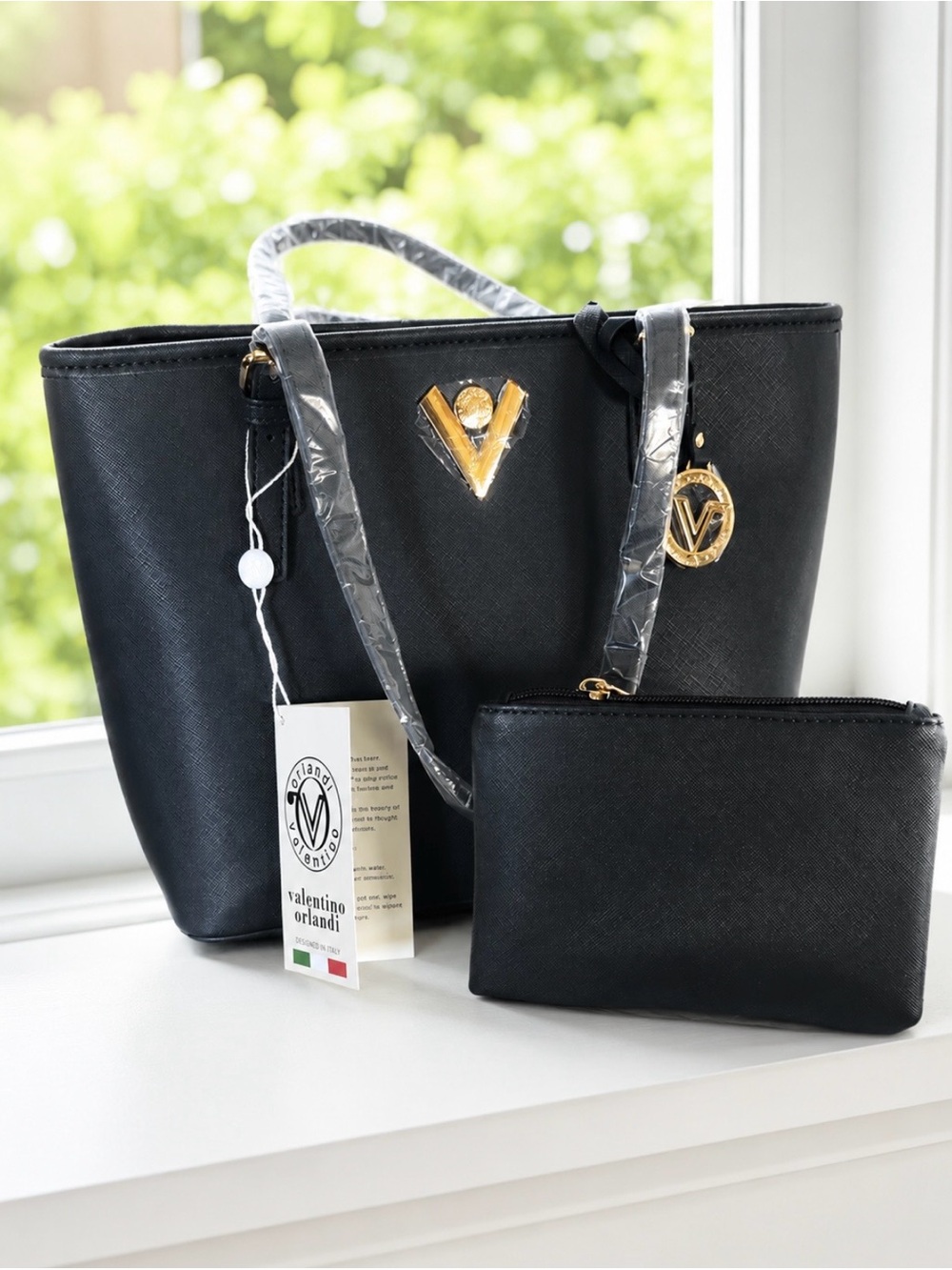 Valentino Orlandi Black Tote Bag with Matching Pouch – Gold Hardware NWT